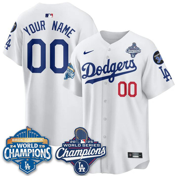 Youth Los Angeles Dodgers ACTIVE PLAYER Custom White 2025 World Series Champions & Back to Back Champions With No.34 Patch Limited Stitched Baseball Jersey